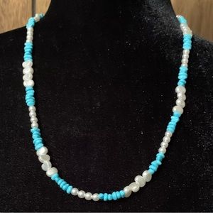Turquoise and white colored beads beaded necklace Hand made